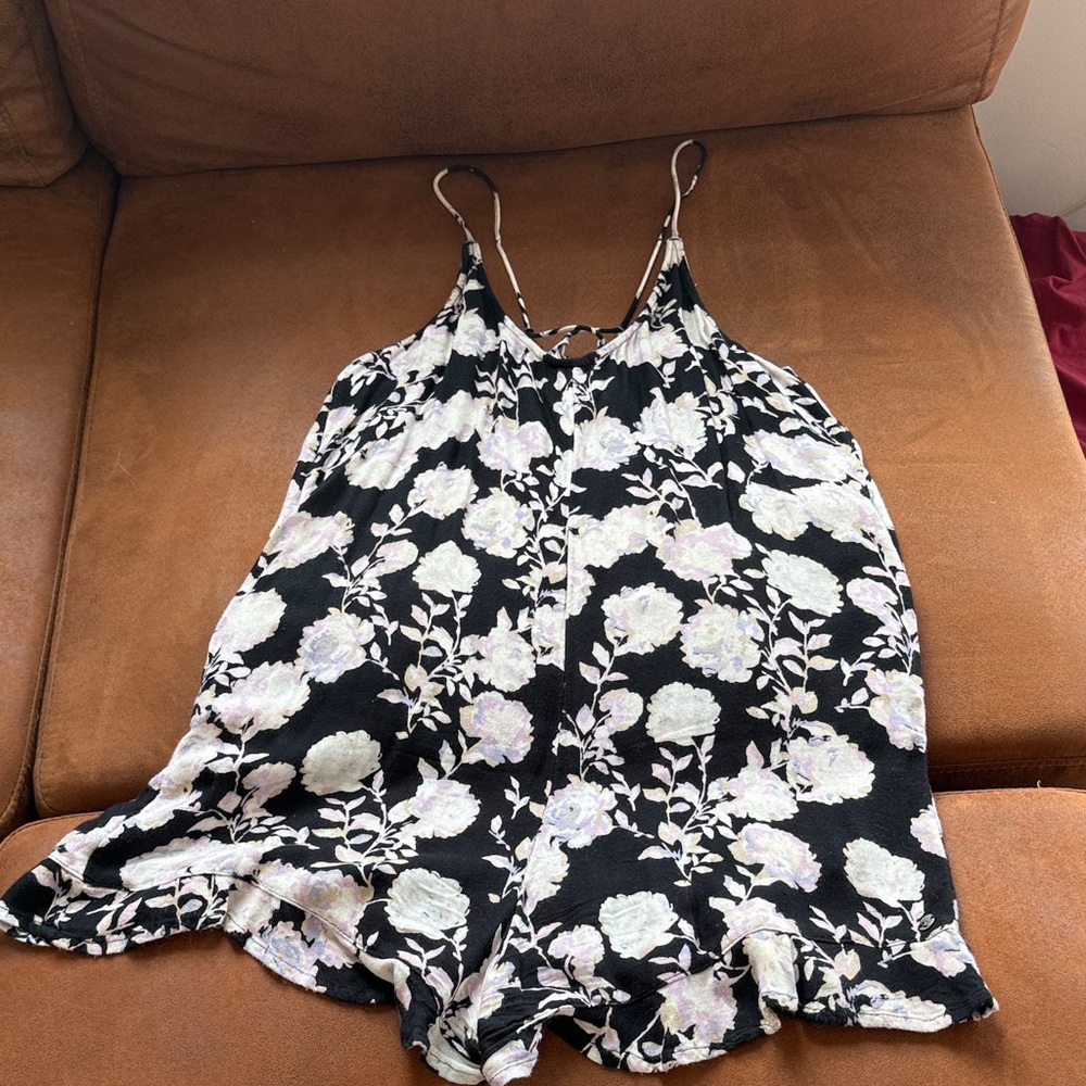 Volcom Black Floral Romper with White/Pale Pink Flowers